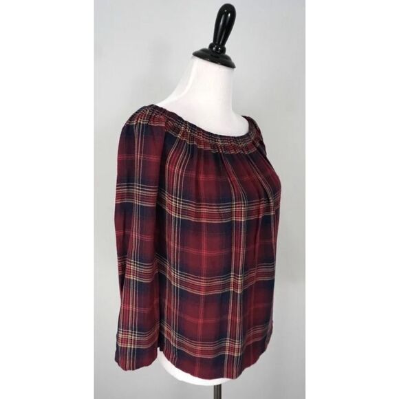 Anthropologie Cloth & Stone Plaid Flannel Off Shoulder Long Sleeve Swing Top Lar - Picture 3 of 7